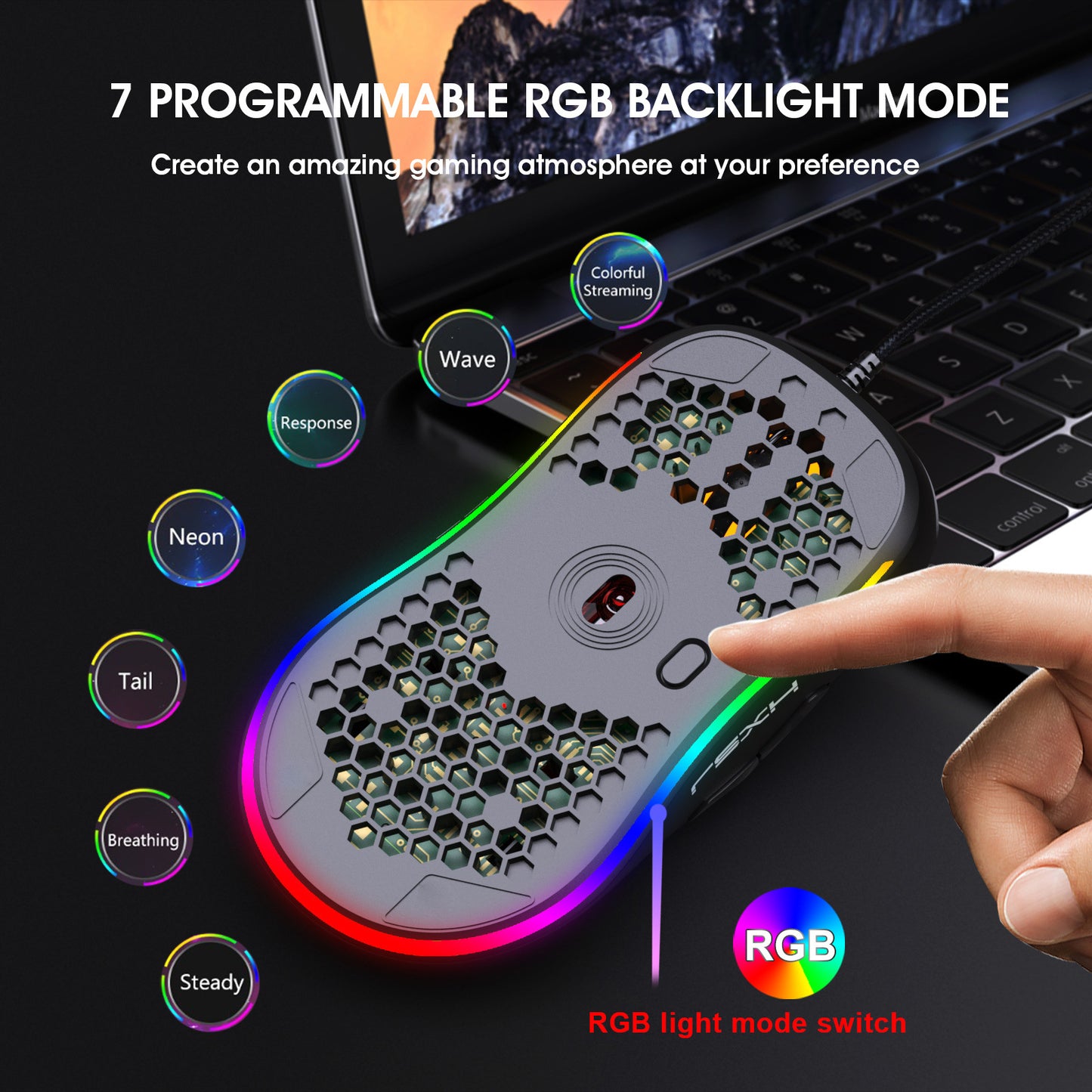 RGB Gaming Mouse – Lightweight Honeycomb Design with Heat Dissipation Holes